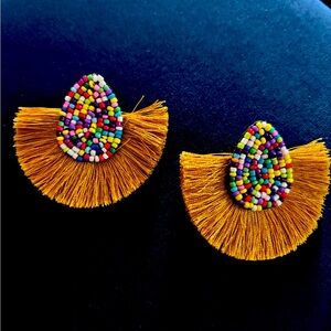 Fun lightweight gold fan and handbeaded earrings!
